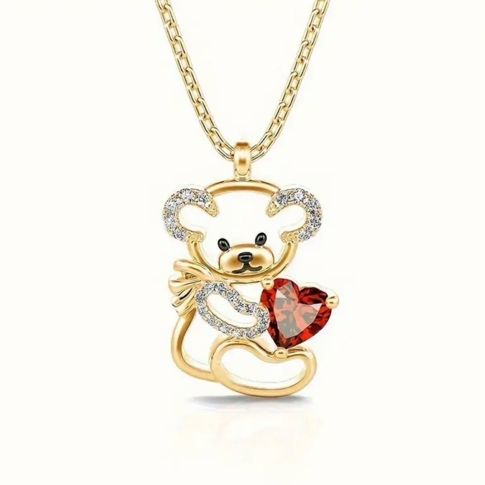 Gold Bear Pendant Necklace with Red Heart.